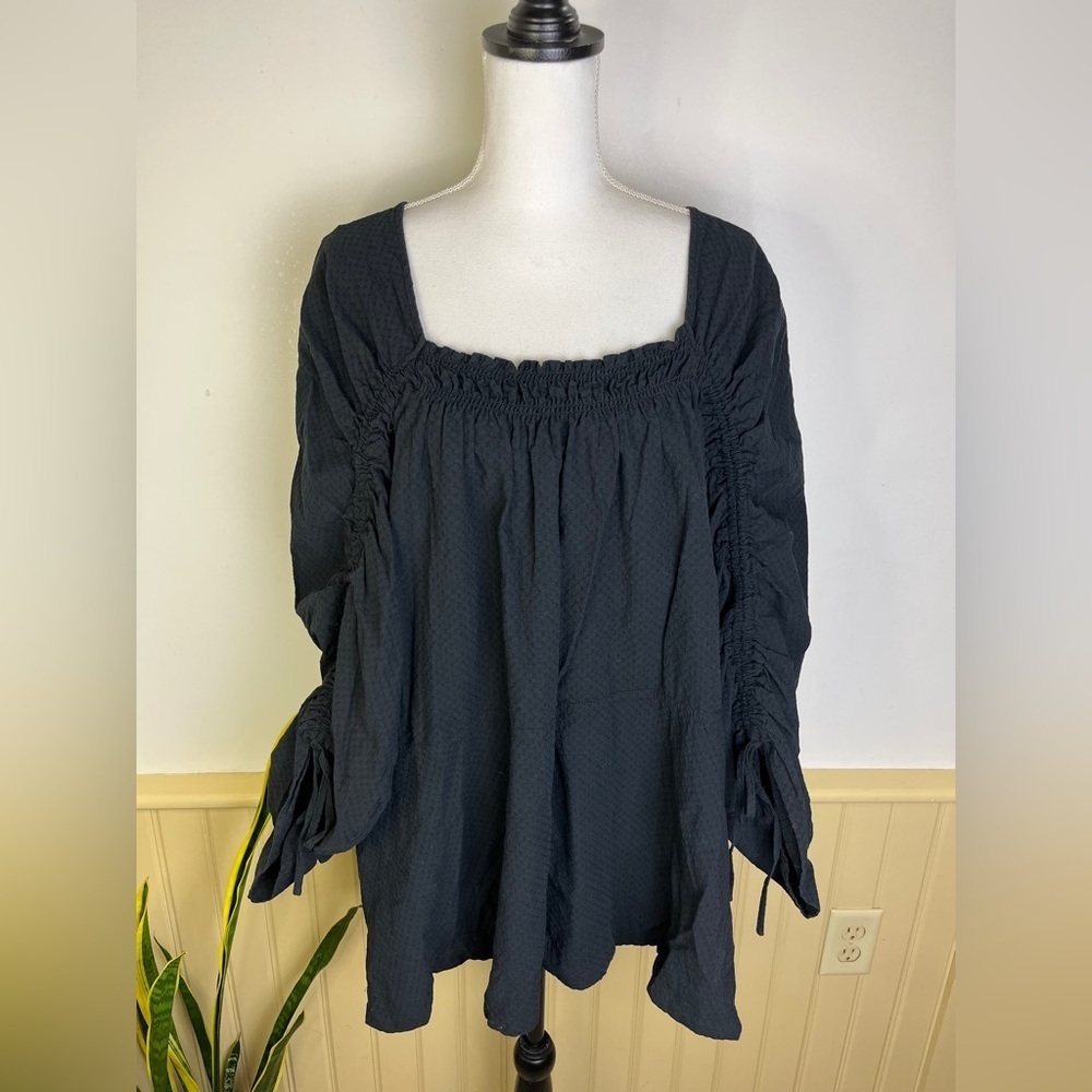 Free People S Black Cotton Mini Dress Tunic Square Neck Puff Sleeve Whimsigoth